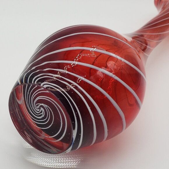 Vintage Esborg, Denmark 1970s Red Cranberry White Swirl Art Glass Vase - Picture 7 of 13